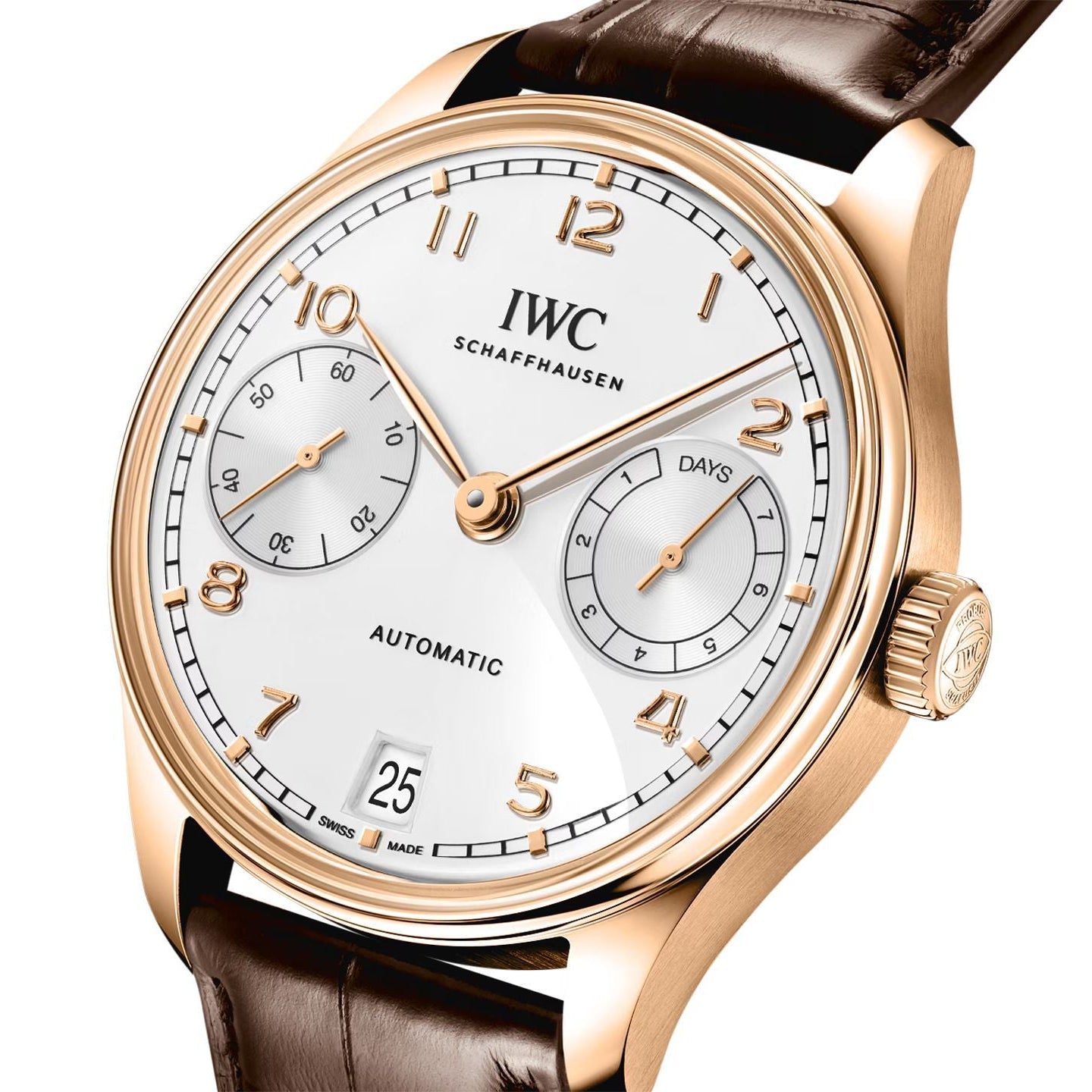 IWC "Portuguese" Automatic White Dial Rose Gold Case Tone Genuine Leather Strap Men’s Watch