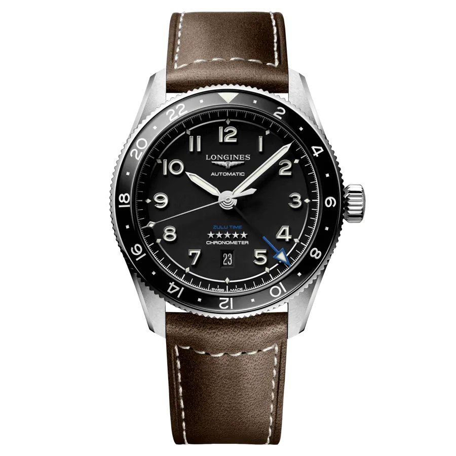 Longines Spirit "Zulu Time" Black Dial Automatic Stainless Steel Genuine Leather Strap Men’s Watch