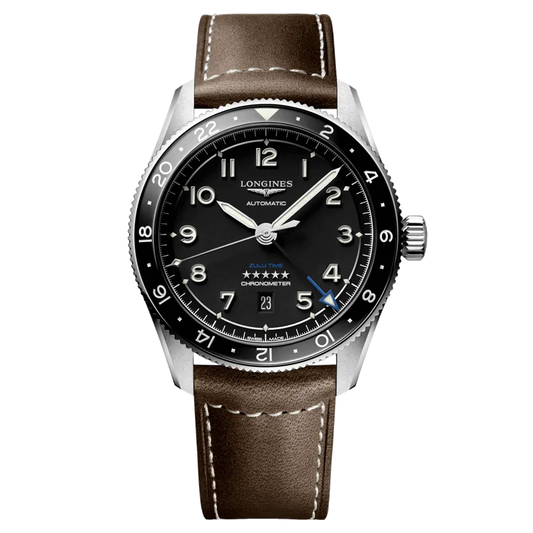 Longines Spirit "Zulu Time" Black Dial Automatic Stainless Steel Genuine Leather Strap Men’s Watch