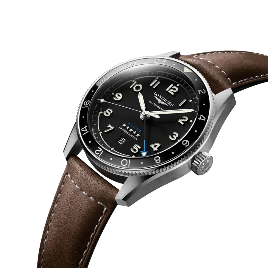 Longines Spirit "Zulu Time" Black Dial Automatic Stainless Steel Genuine Leather Strap Men’s Watch