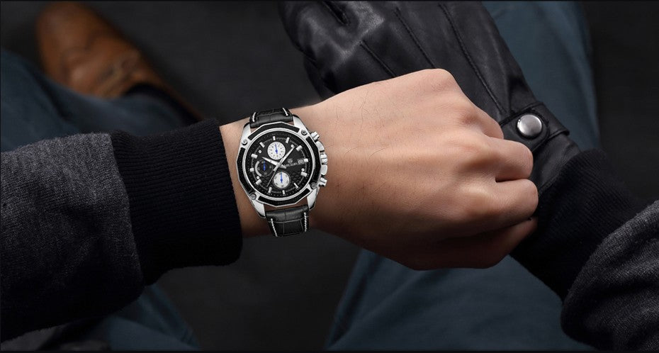 Megir M2015 Chronograph Black Genuine Leather Strap Men’s watch