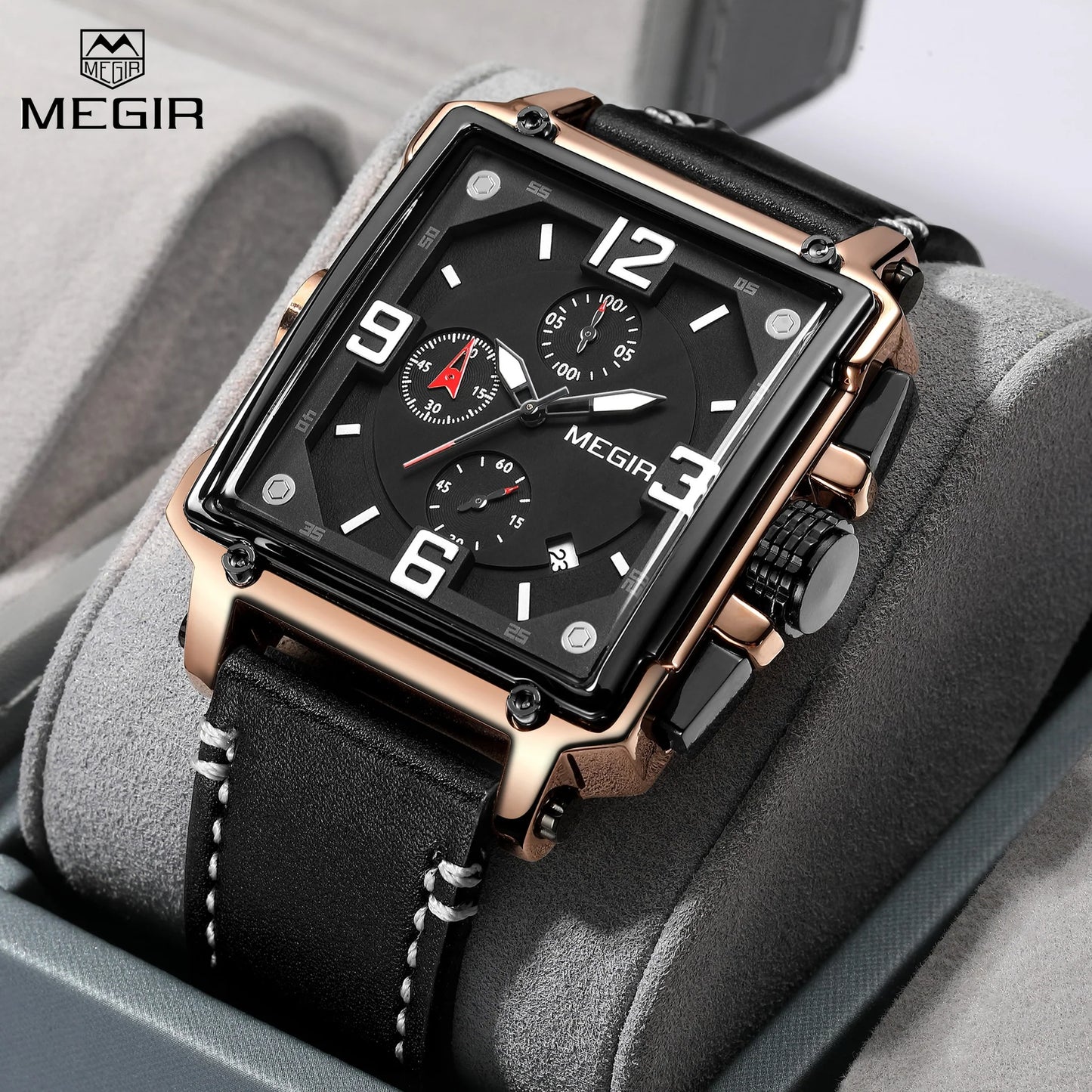 Megir M-2061 Quartz Chronograph Black Genuine Leather Strap Men’s watch