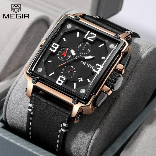 Megir M-2061 Quartz Chronograph Black Genuine Leather Strap Men’s watch
