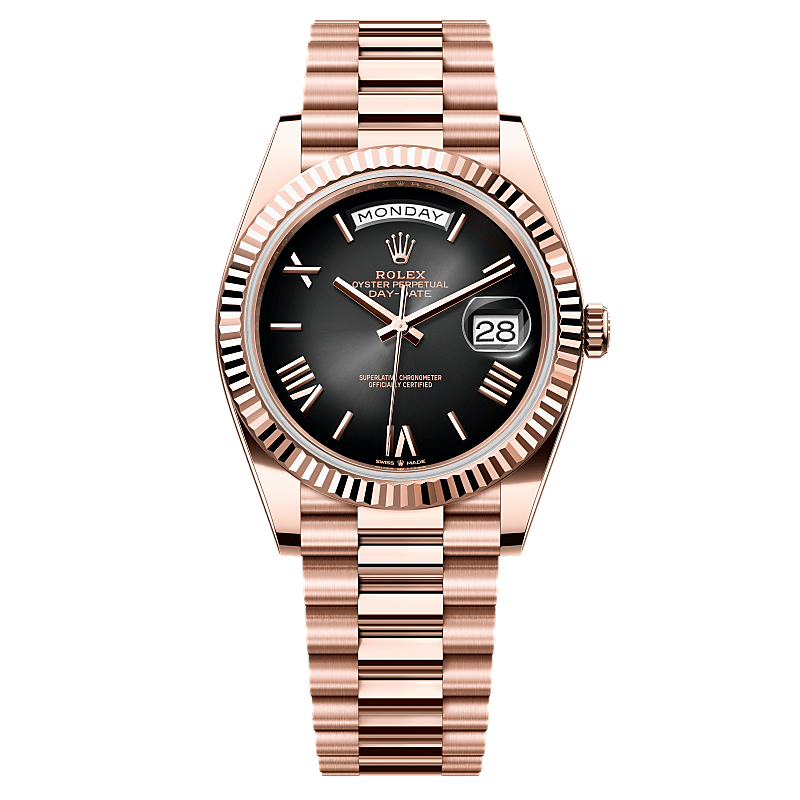 Rolex Day-Date Automatic Grey Dial Fluted Bezel Rose Gold-Tone Stainless Steel Chain Men’s Watch