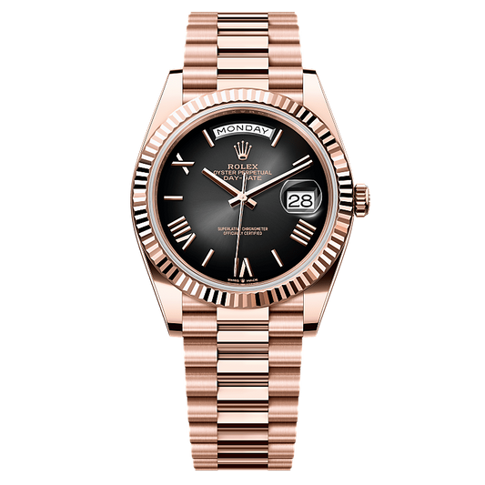Rolex Day-Date Automatic Grey Dial Fluted Bezel Rose Gold-Tone Stainless Steel Chain Men’s Watch
