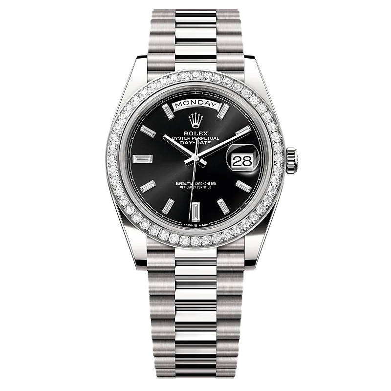 Rolex Day-Date Automatic Stone Bezel Silver-Tone Stainless Steel Chain Men’s Watch