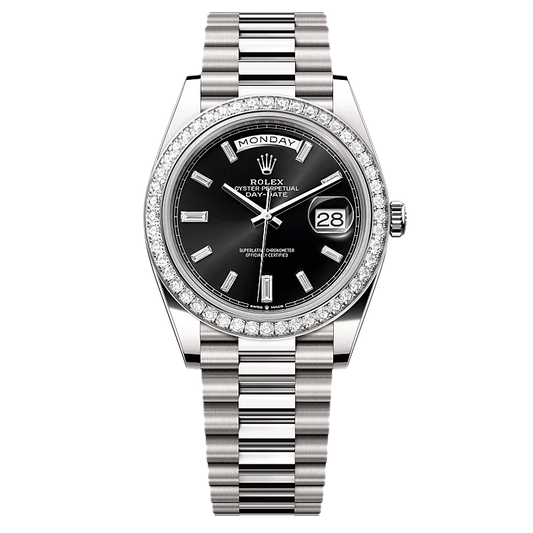 Rolex Day-Date Automatic Stone Bezel Silver-Tone Stainless Steel Chain Men’s Watch