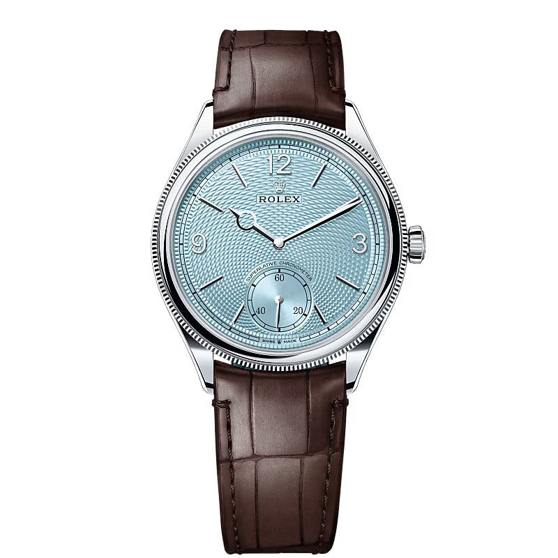 Rolex 1908 Perpetual Ice Blue Guilloché Rice-Grain Motif Dial Automatic Stainless Steel Leather Strap Men’s Watch