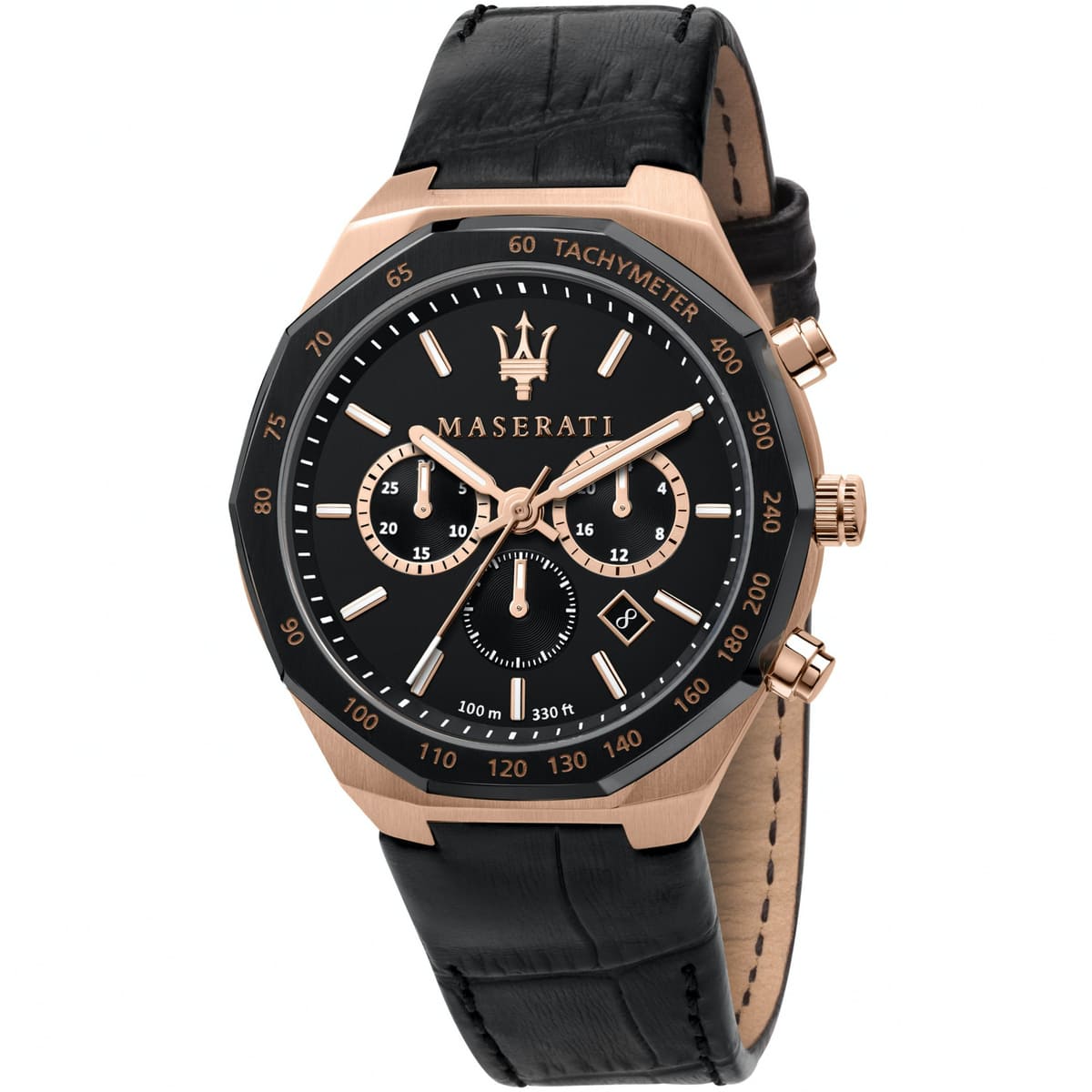Maserati Stile R8871642001 Chronograph Quartz Black Dial Stainless Steel Genuine Leather Strap Men’s Watch