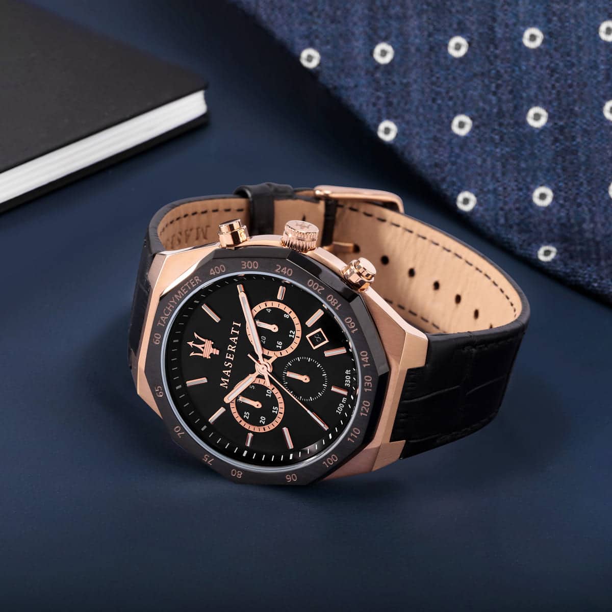 Maserati Stile R8871642001 Chronograph Quartz Black Dial Stainless Steel Genuine Leather Strap Men’s Watch