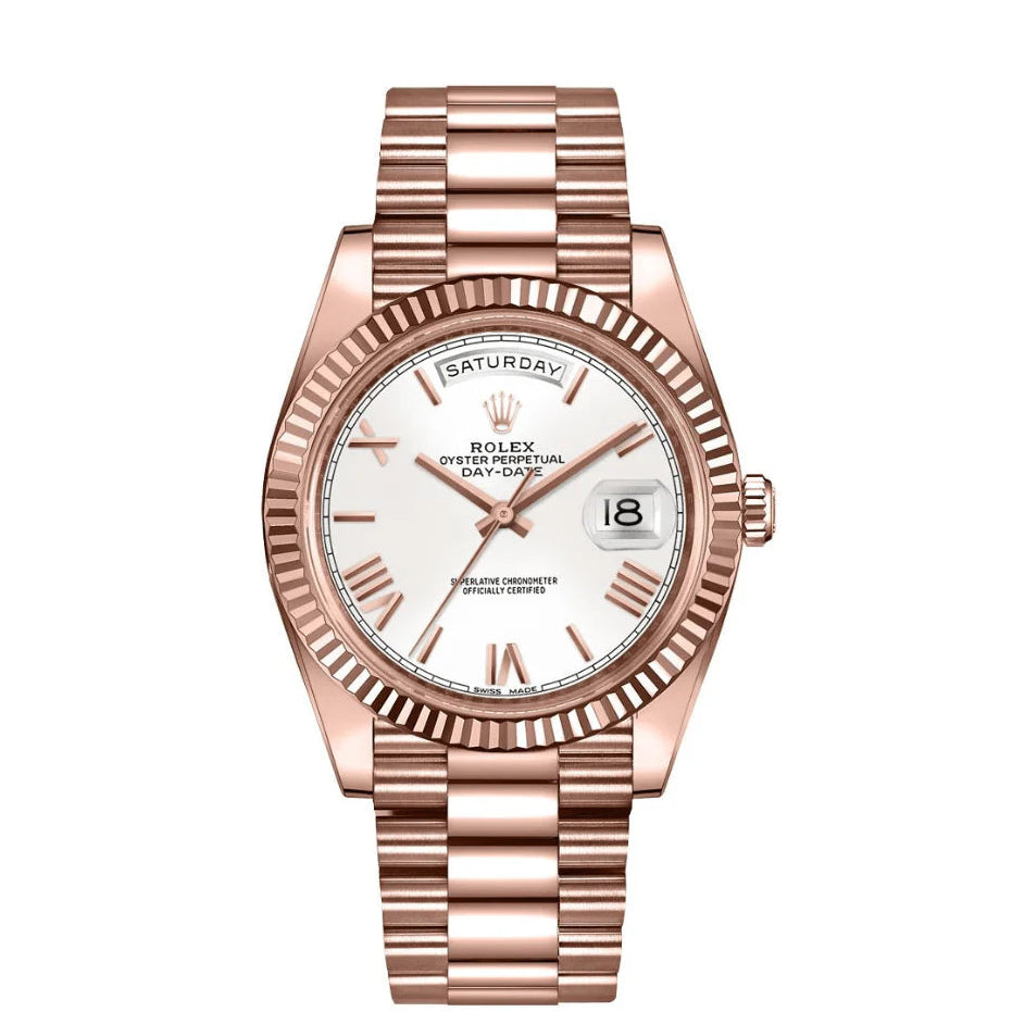 Rolex Day-Date Oyster Perpetual Automatic Full Rose Gold With White Dial Stainless Steel President Chain Men’s Watch