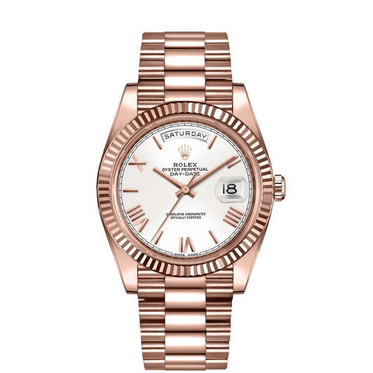Rolex Day-Date Oyster Perpetual Automatic Full Rose Gold With White Dial Stainless Steel President Chain Men’s Watch