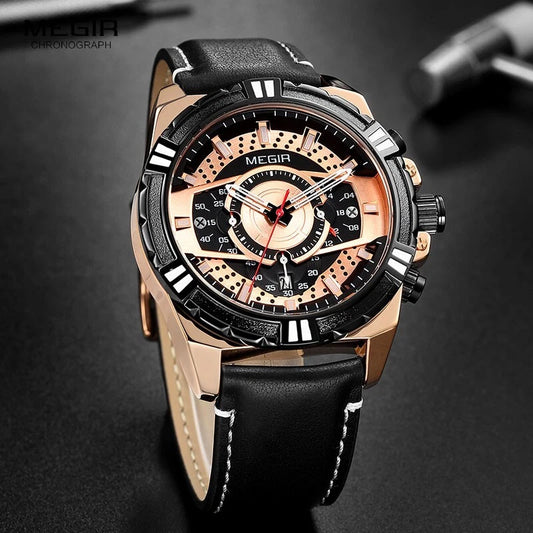 Megir ML2118GS-BEBK-2 Quartz Chronograph Dualtone Dial Genuine Leather Strap Men’s watch