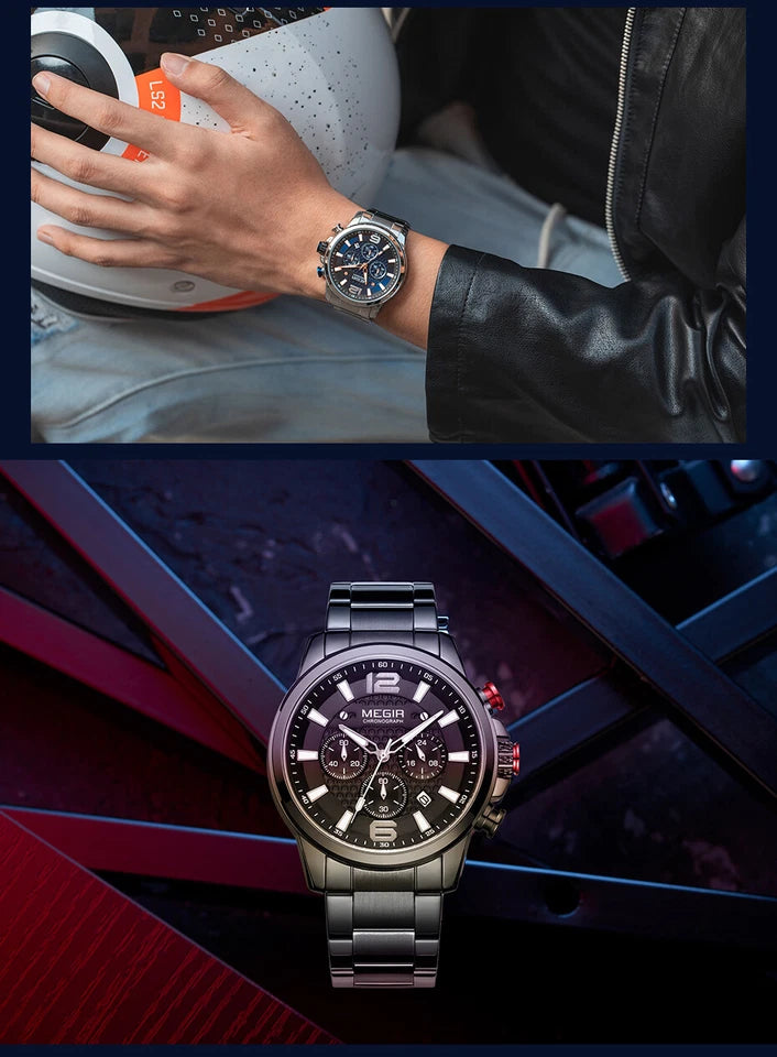 Megir M-2156 Quartz Chronograph Silver Stainless Steel Chain Men’s watch