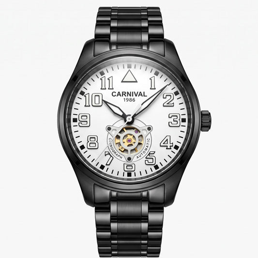 Carnival 8810G Series Automatic Open-Heart White Dial Full-Black Tone Stainless Steel Chain Men’s Watch