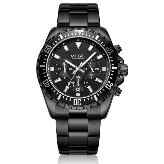 Megir MS2064G-BK-1 Chronograph Quartz Black Stainless Steel Chain Men’s watch