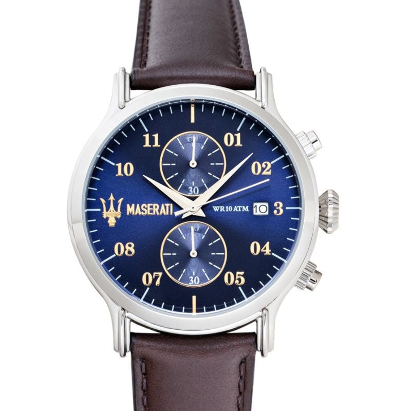 Maserati Epoca R8871618001 Chronograph Quartz Blue Dial Stainless Steel Genuine Leather Strap Men’s Watch