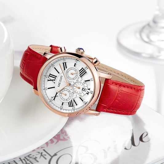 Megir ML2058LRERD-7N0 Chronograph Quartz Red Genuine Leather Strap Women’s watch