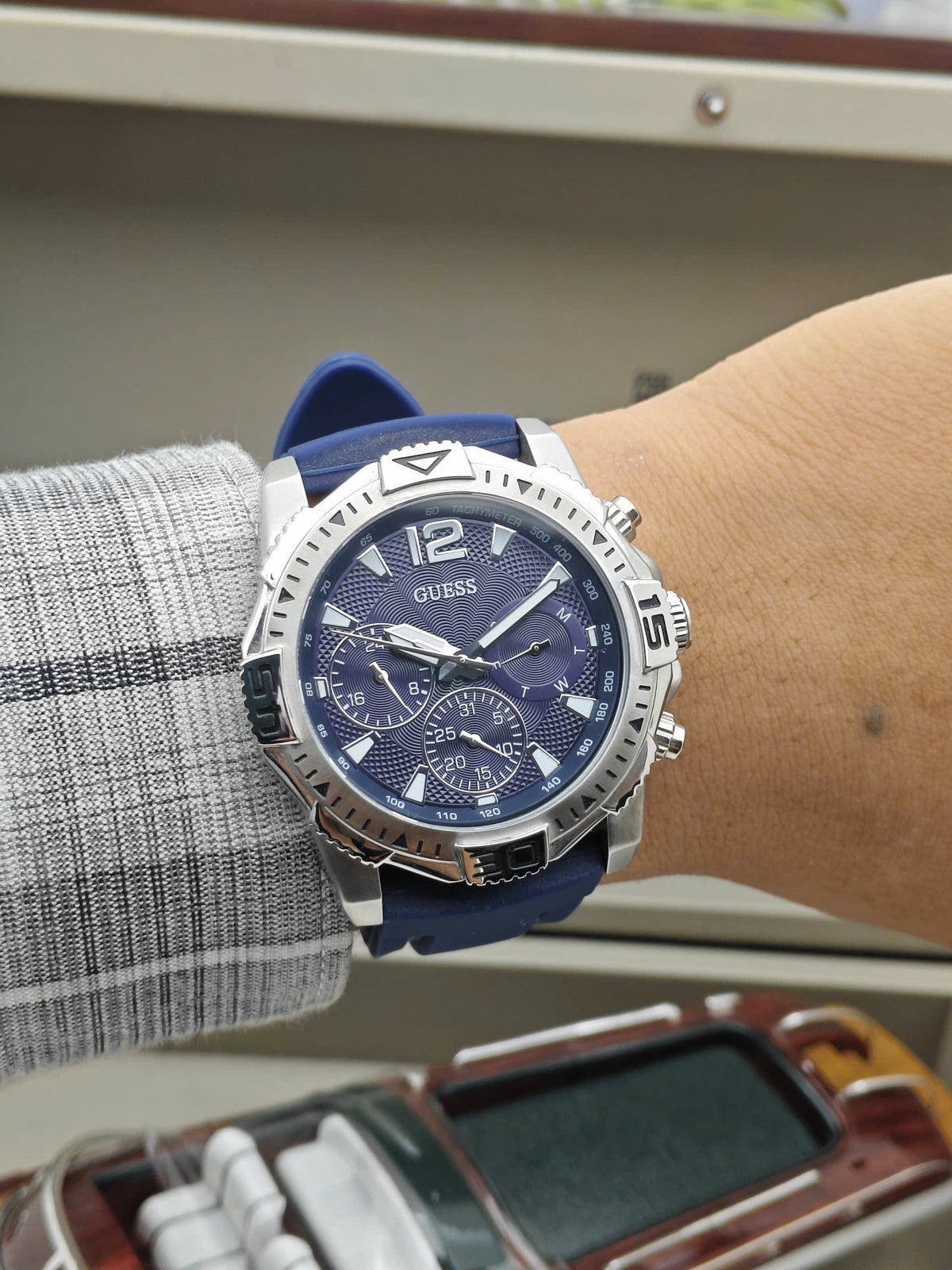 Guess Commander GW0211G1 Chronograph Quartz Blue Dial Stainless Steel Silicon Strap Men’s Watch